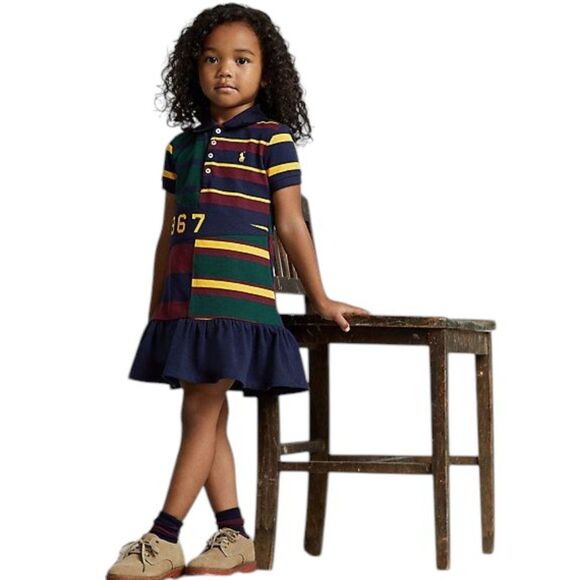 RALPH LAUREN Striped Mesh Rugby Type Polo Dress Drop Waist 1967 Cotton Sz 6